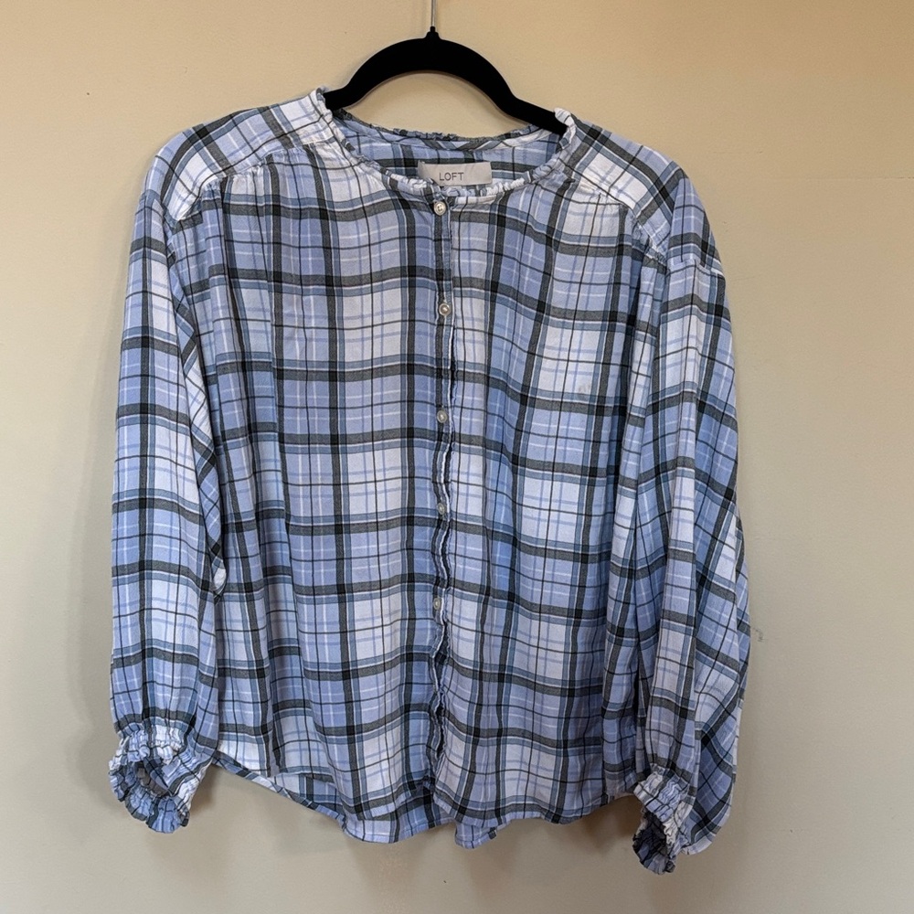 LOFT Blue and White Plaid Blouse